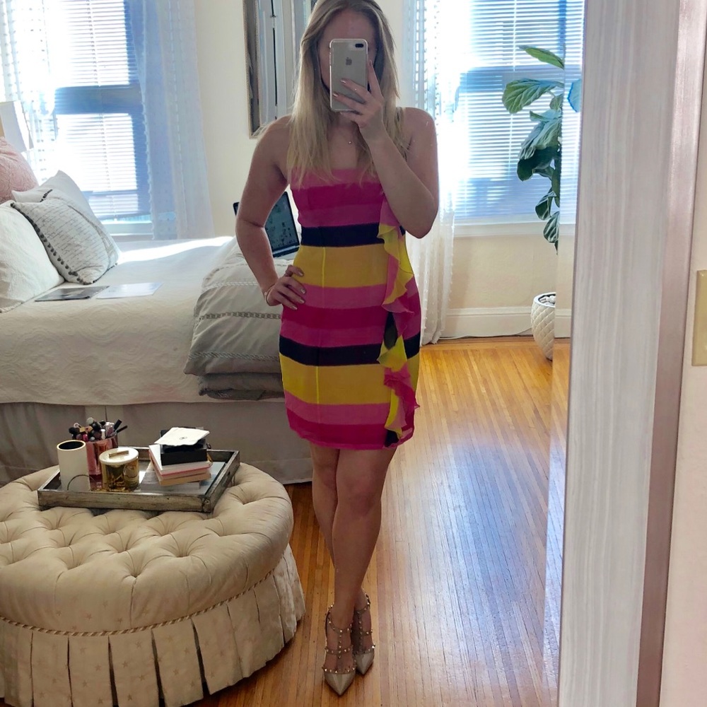 INC bright pink and yellow stripe silk dress - Picture 2 of 5